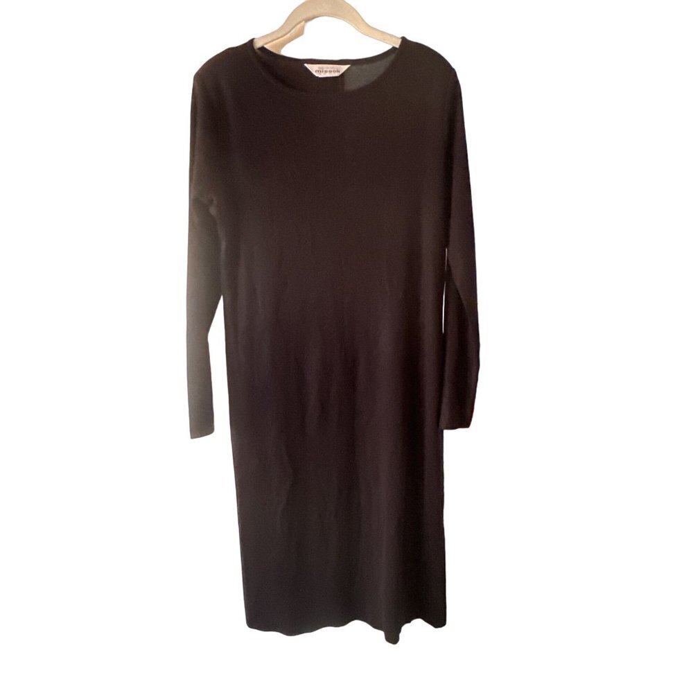 Misook Knit Dress Black Long Sleeve Crew Neck Midi Professional Minimalist M